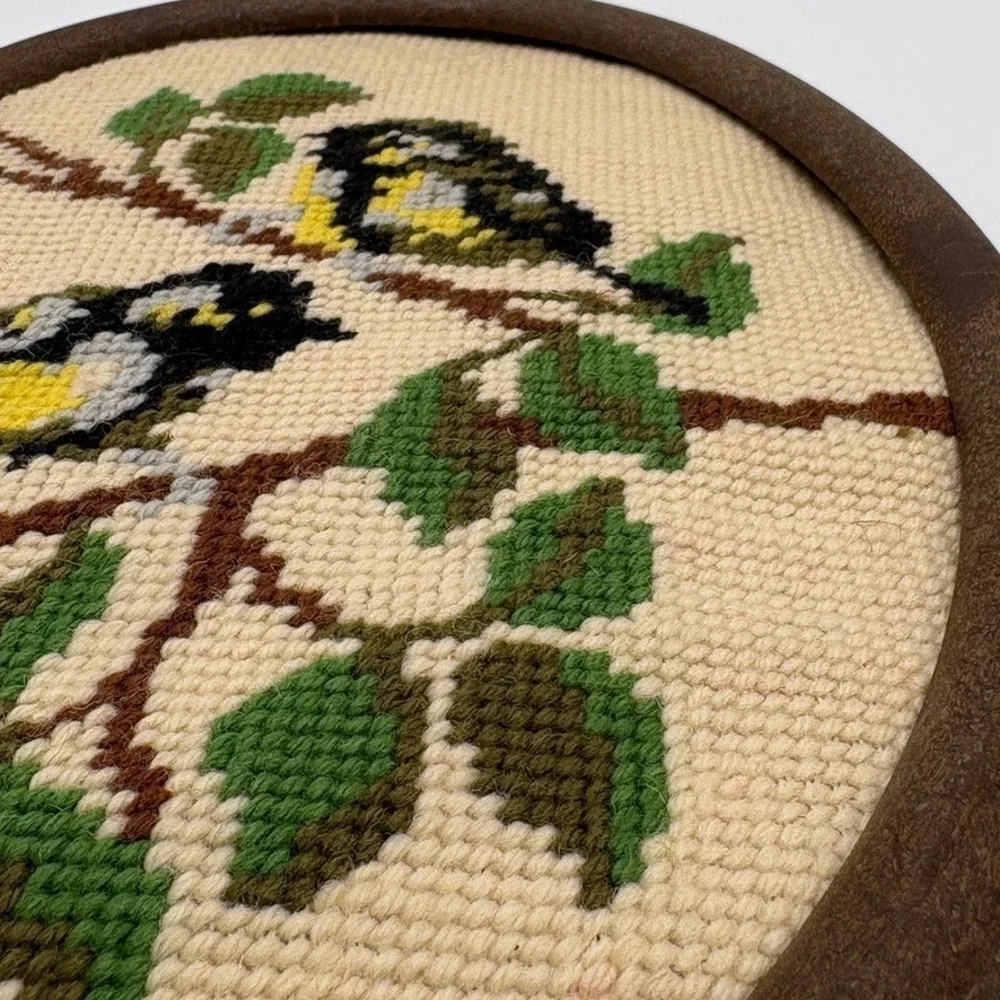 Vintage 1988 Handmade Needlepoint Bird Art Oval Frame Two Great Birds 8 x 10